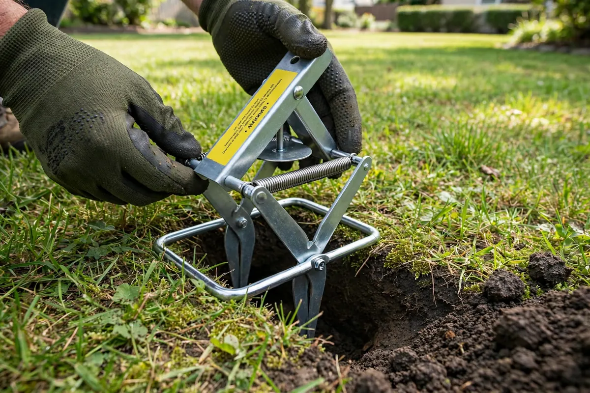 Setting a trap in an active mole tunnel in Post Falls, ID