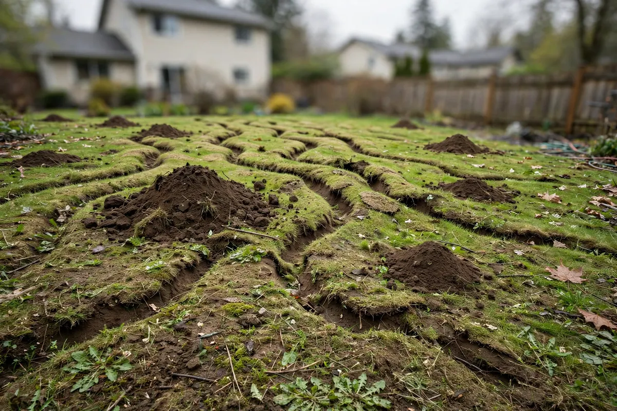 Mole tunnel ridges and mounds across a Post Falls lawn